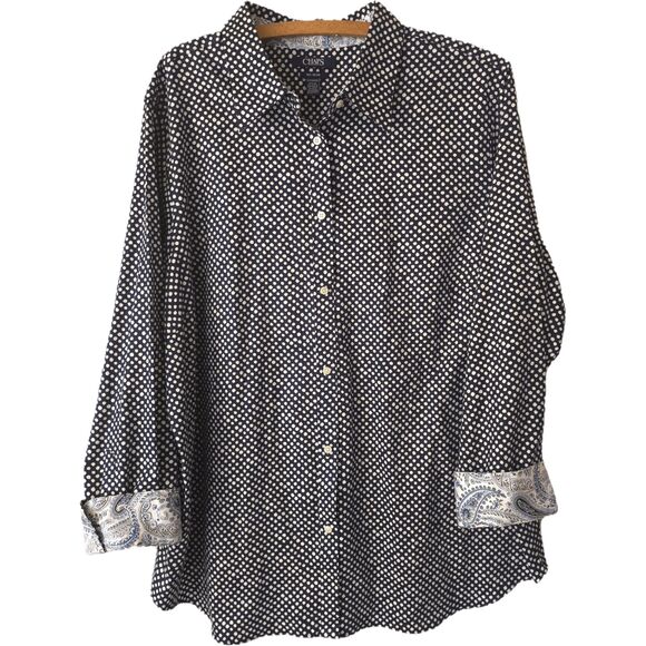 Chaps No Iron Button Up Long Sleeved Shirt Black Polka Dot Paisley Cuff Plus 2X - Picture 1 of 5